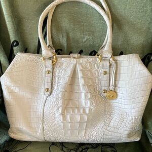 Brahmin Elegant White Crocodile-Embossed Tote Bag